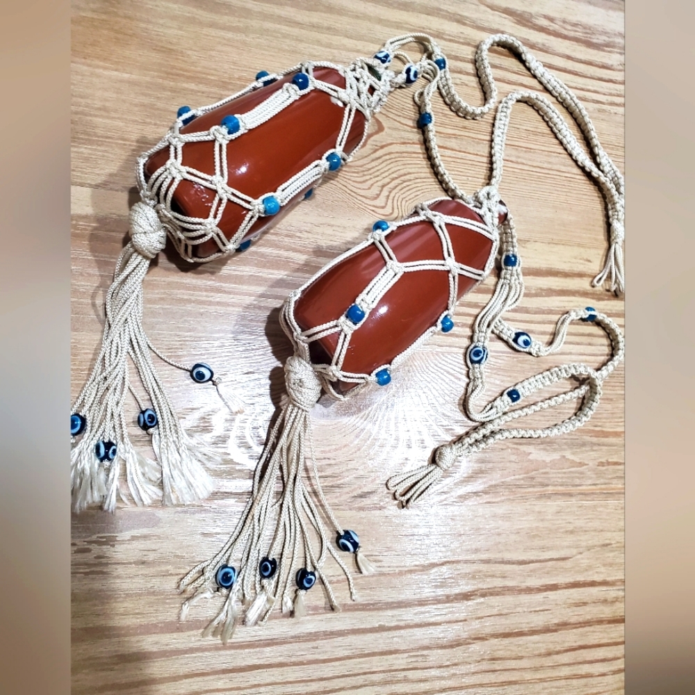Vintage Bohemian Portugal Brown Glass Hanging Planter Decor Evil Eye Glass Beads